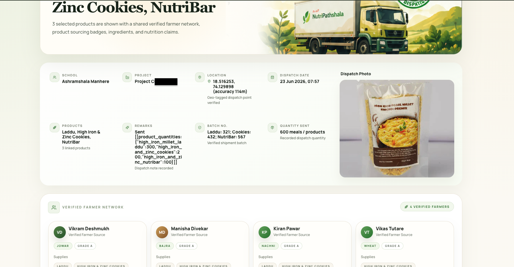 Traceability proof screenshot showing dispatch details, batch numbers, product quantities, product photo, and verified farmer network