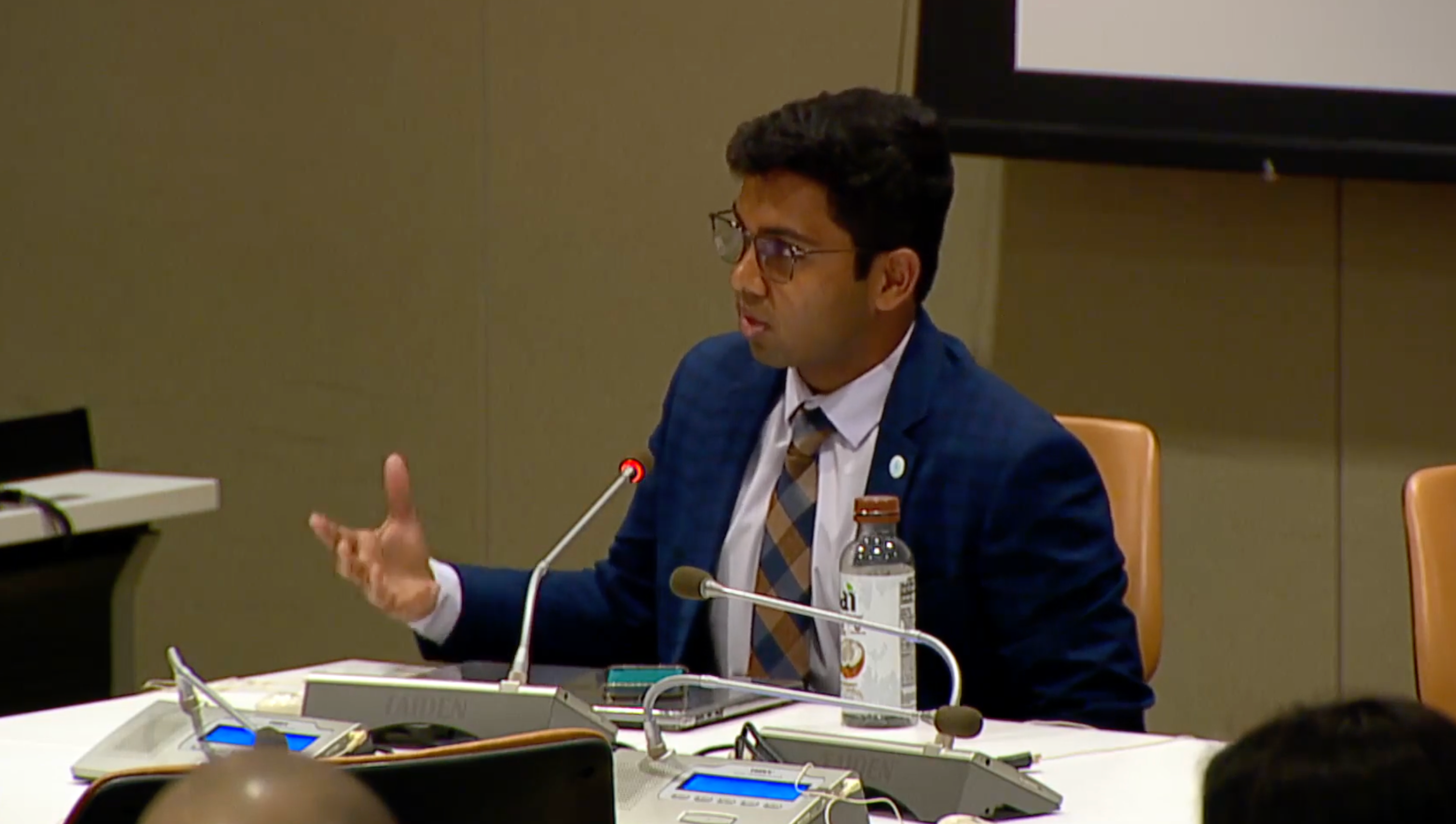 Jashvinu Yeshwanth Raj speaking at a United Nations agricultural technology session